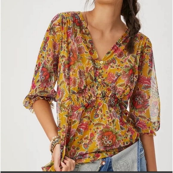 Anthropologie Tops - Anthropologie Gretchen V-Neck Floral Smocked Mesh Tunic Top XS Yellow Pink Boho